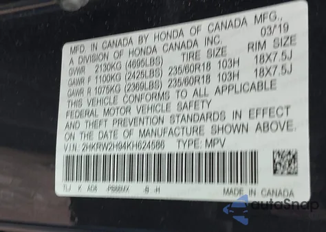 2019 Honda Cr-V Touring из США, поврежденный, VIN 2HKRW2H94KH624586